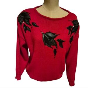 Amazlng Vintage 80s Red Sweater With Black Leaf Appliques Med